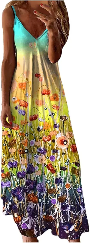 2024 Teen Girls Women 's Summer Spaghetti Strap Elegant Long Dresses Plus Size Vacation Flowy Beach Dress Loose Floor Length Dress Summer Dresses for Women 2024 Green L