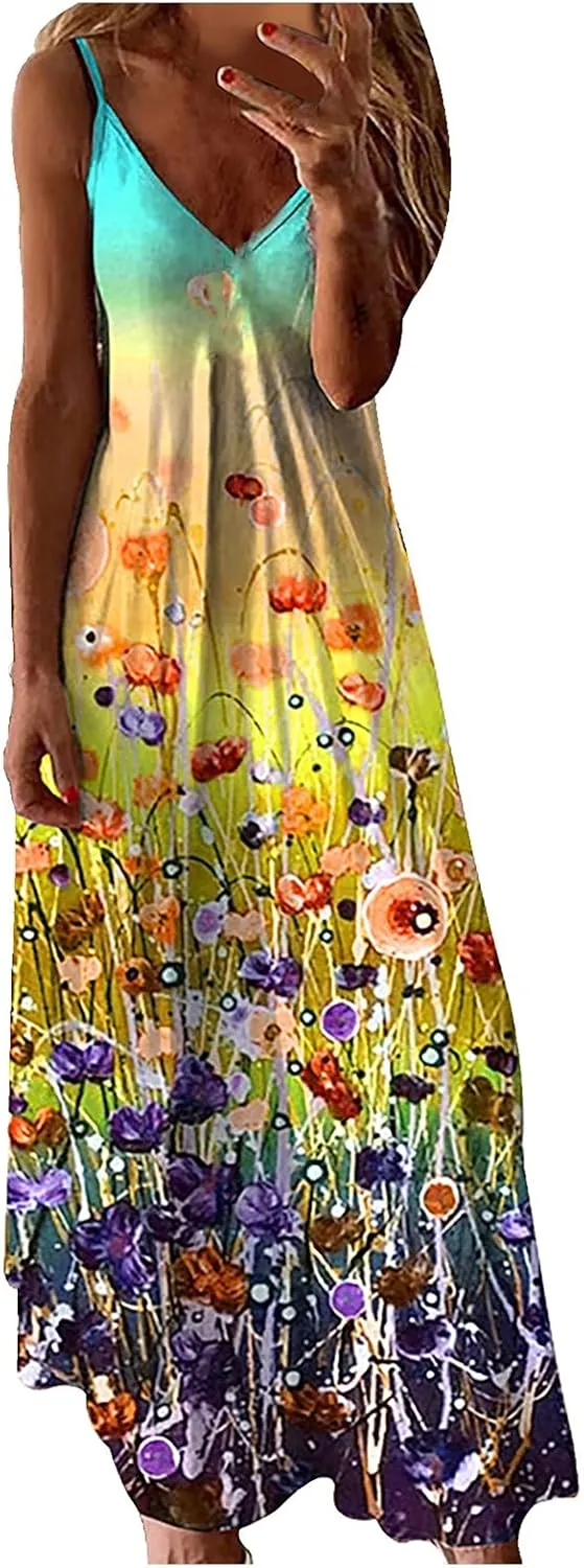 2024 Teen Girls Women 's Summer Spaghetti Strap Elegant Long Dresses Plus Size Vacation Flowy Beach Dress Loose Floor Length Dress Summer Dresses for Women 2024 Green L