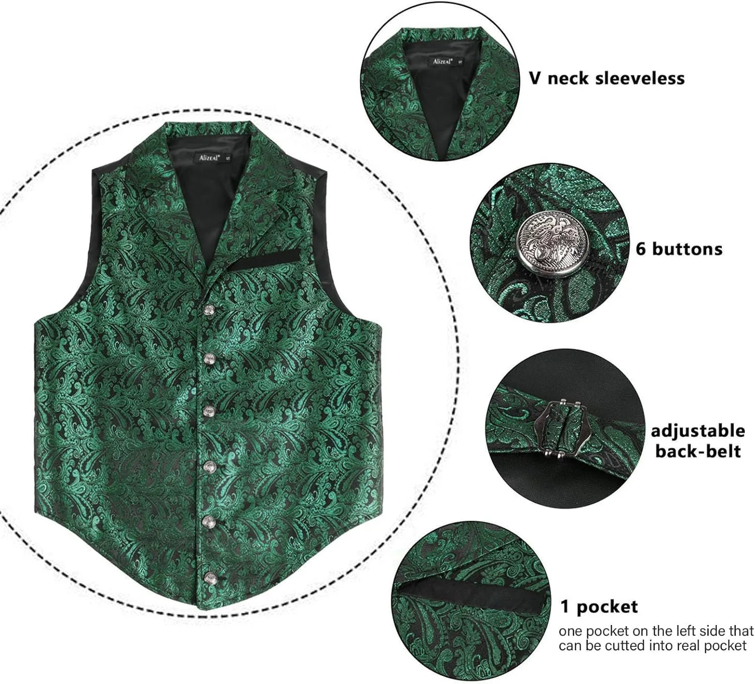 Alizeal Mens Paisley Suit Vest Victorian Floral Steampunk Gothic Waistcoat