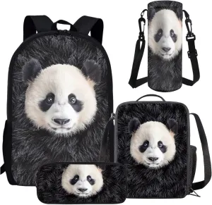 AmzPrint 4 In 1 Backpack Set For Girls Boys Panda Bookbag And Lunch Box Pencil Bag Fanny Pack With Water Bottle Holder Set