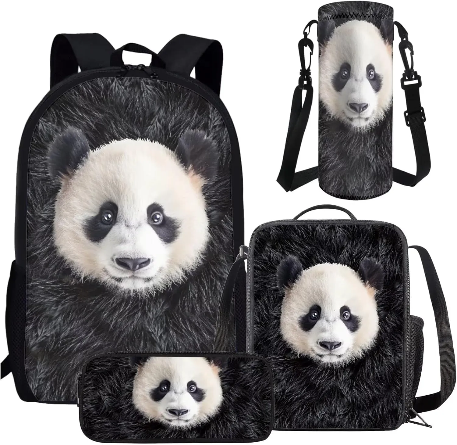 AmzPrint 4 In 1 Backpack Set For Girls Boys Panda Bookbag And Lunch Box Pencil Bag Fanny Pack With Water Bottle Holder Set