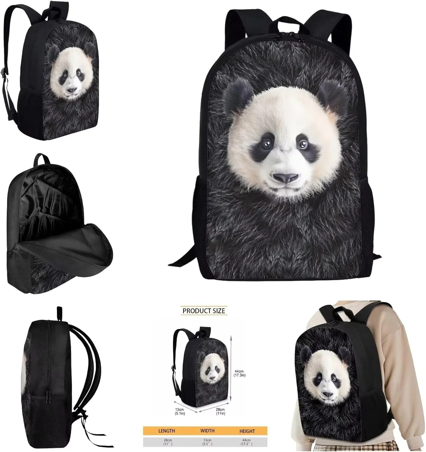 AmzPrint 4 In 1 Backpack Set For Girls Boys Panda Bookbag And Lunch Box Pencil Bag Fanny Pack With Water Bottle Holder Set