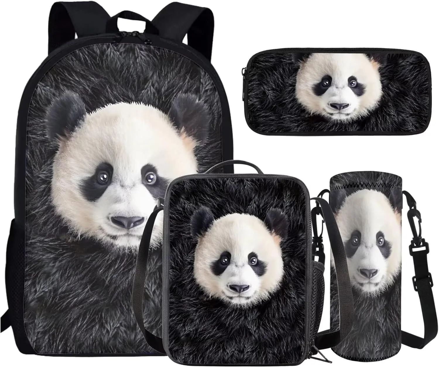 AmzPrint 4 In 1 Backpack Set For Girls Boys Panda Bookbag And Lunch Box Pencil Bag Fanny Pack With Water Bottle Holder Set