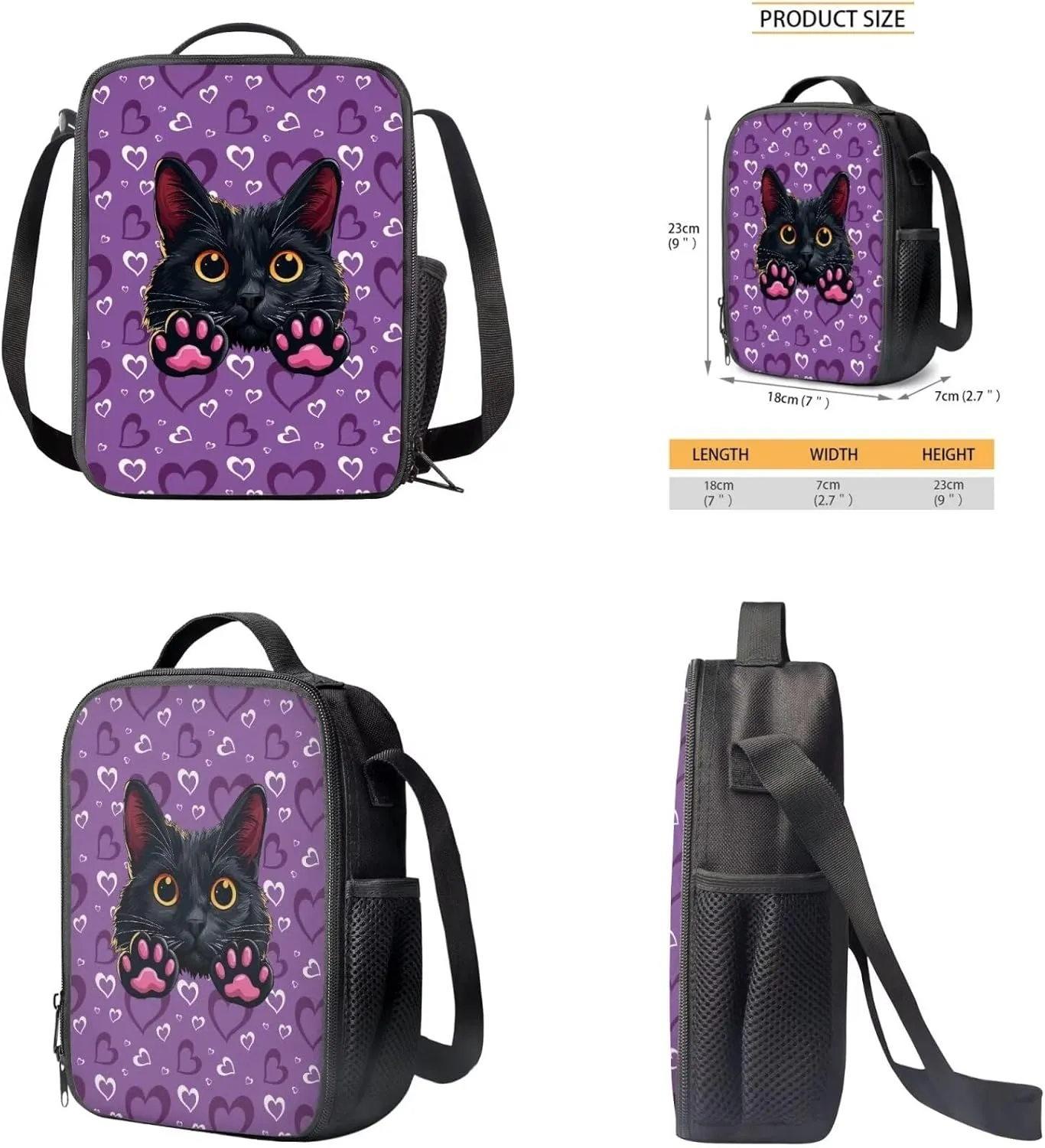 AmzPrint 4pcs Black Cat Backpack Set For Girls Bookbag And Lunch Box Set For Elementary Middle School Back To School Gifts