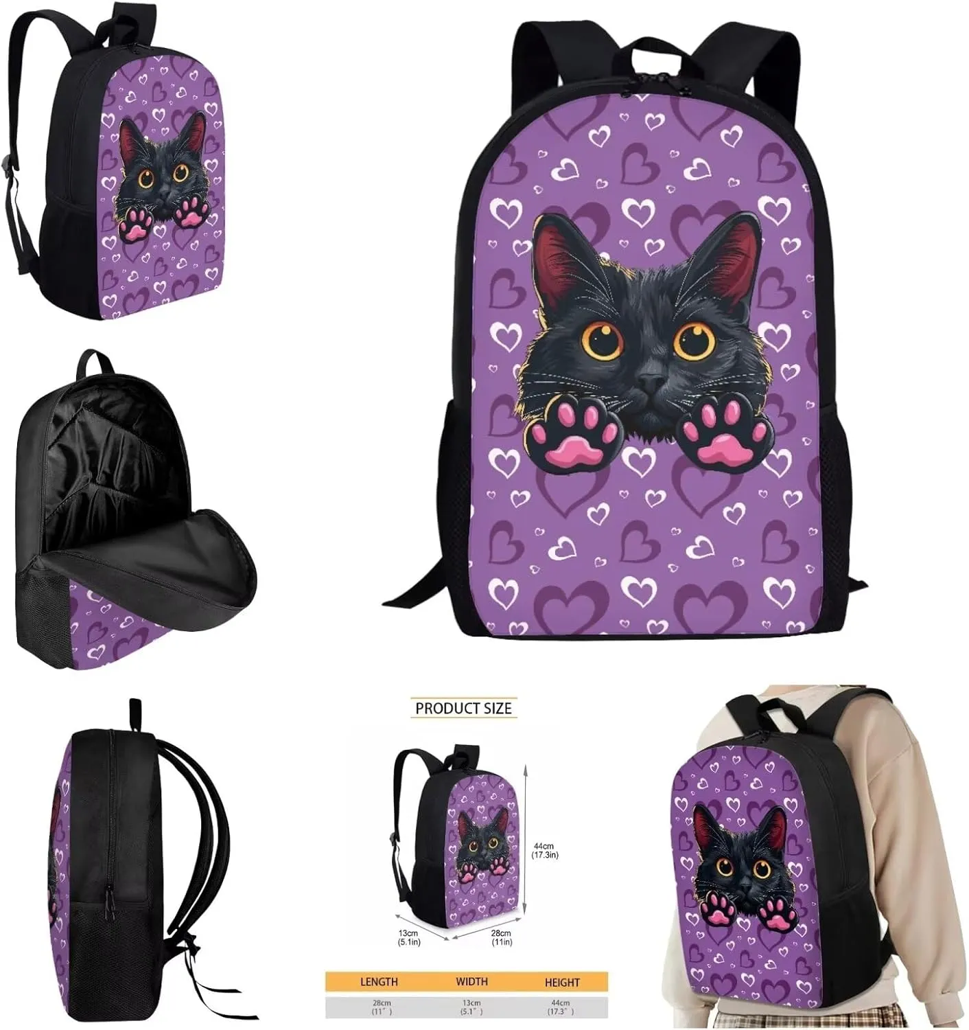 AmzPrint 4pcs Black Cat Backpack Set For Girls Bookbag And Lunch Box Set For Elementary Middle School Back To School Gifts