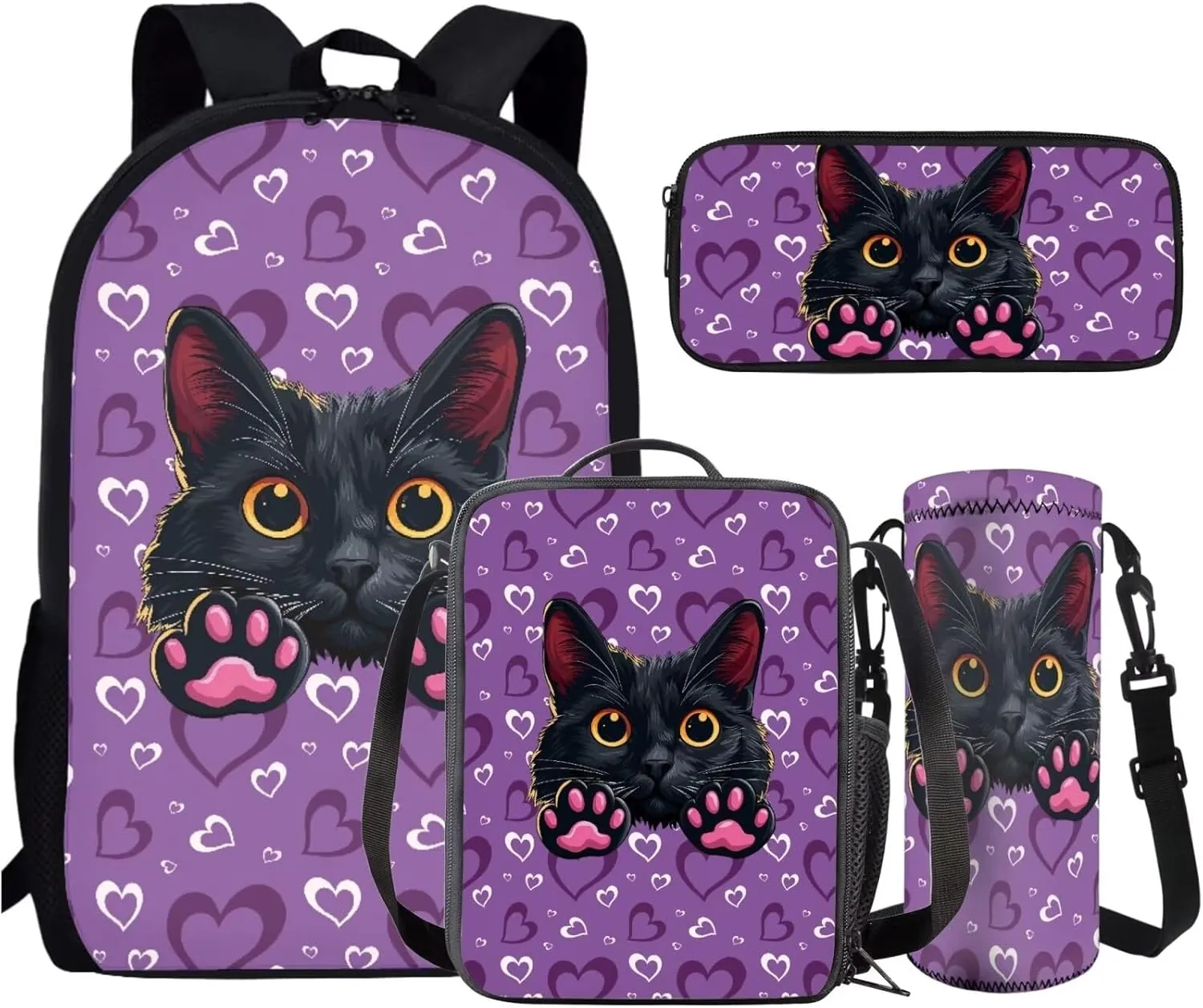 AmzPrint 4pcs Black Cat Backpack Set For Girls Bookbag And Lunch Box Set For Elementary Middle School Back To School Gifts