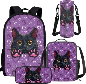AmzPrint 4pcs Black Cat Backpack Set For Girls Bookbag And Lunch Box Set For Elementary Middle School Back To School Gifts