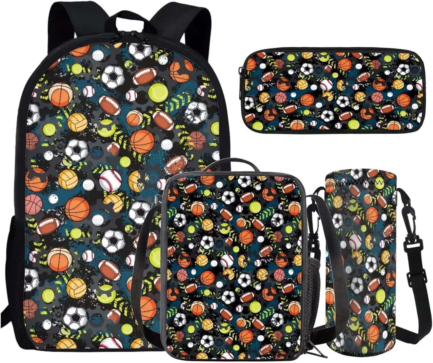 AmzPrint 4pcs Football Basketball Bookbag And Lunch Box Set For Boys Backpack With Lunch Bag Pencil Bag Water Bottle Carrier