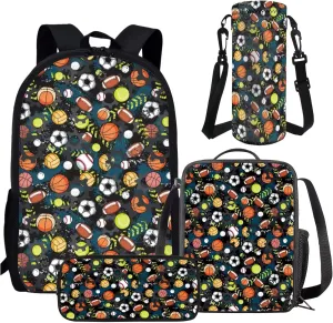 AmzPrint 4pcs Football Basketball Bookbag And Lunch Box Set For Boys Backpack With Lunch Bag Pencil Bag Water Bottle Carrier