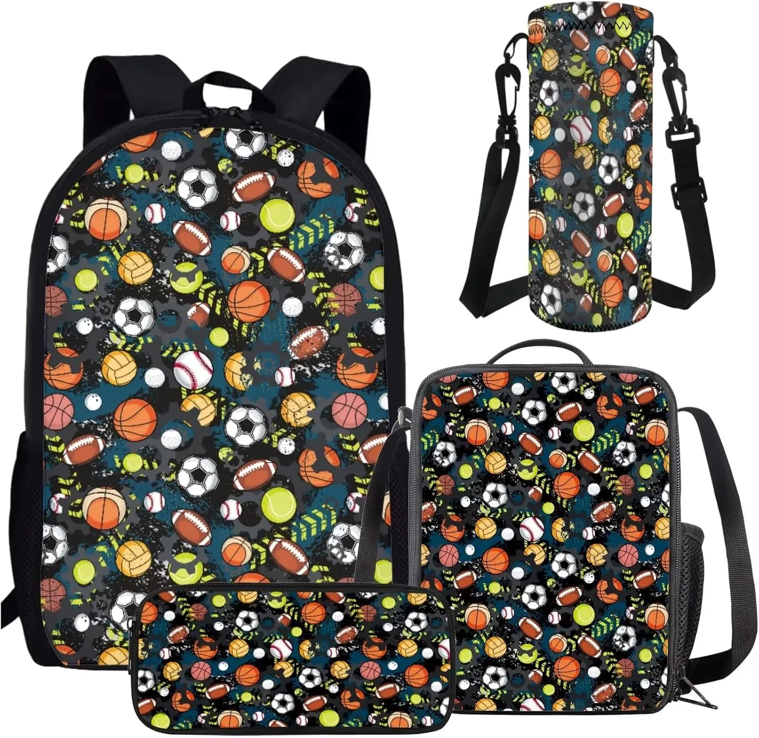 AmzPrint 4pcs Football Basketball Bookbag And Lunch Box Set For Boys Backpack With Lunch Bag Pencil Bag Water Bottle Carrier
