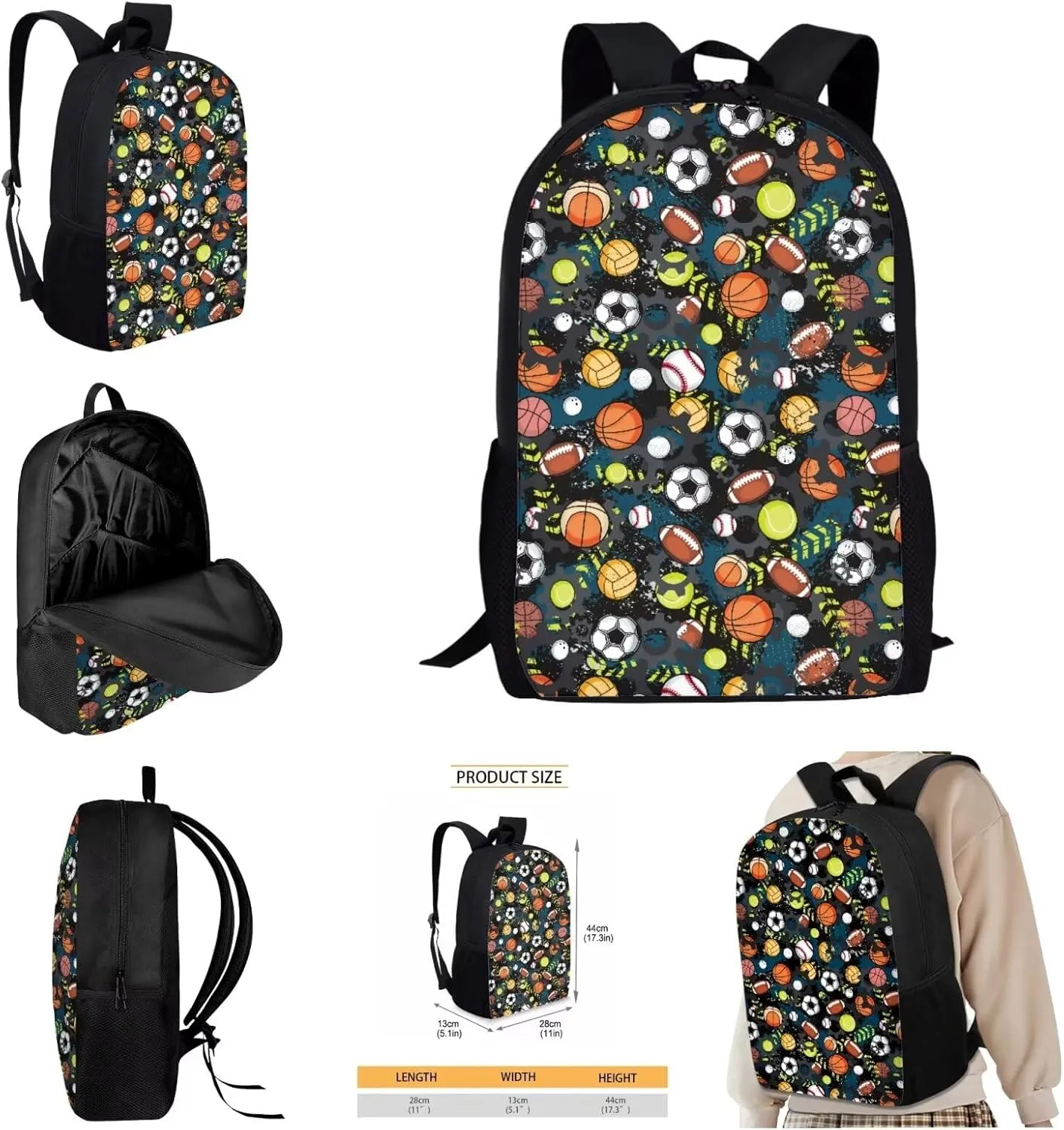 AmzPrint 4pcs Football Basketball Bookbag And Lunch Box Set For Boys Backpack With Lunch Bag Pencil Bag Water Bottle Carrier