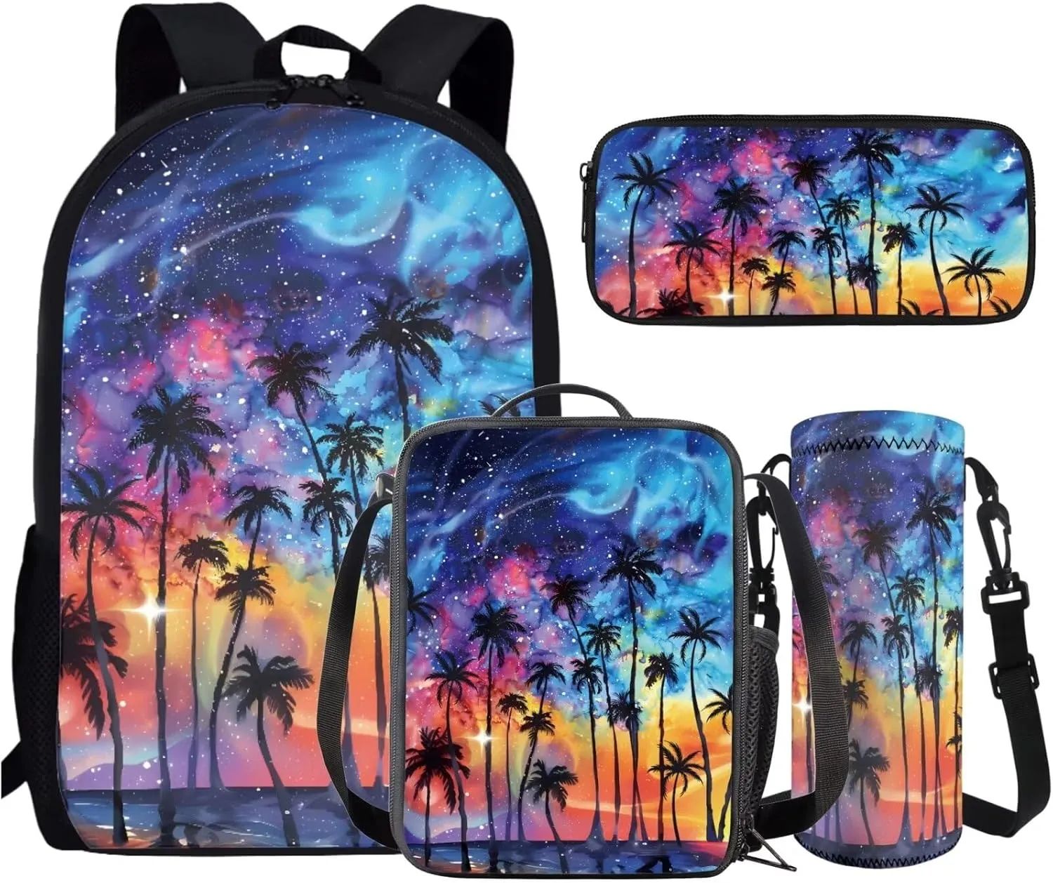 AmzPrint 4pcs Galaxy Backpack Set For Girls Boys Coconut Tree Print Bookbag And Lunch Box Pencil Bag Water Bottle Carrier