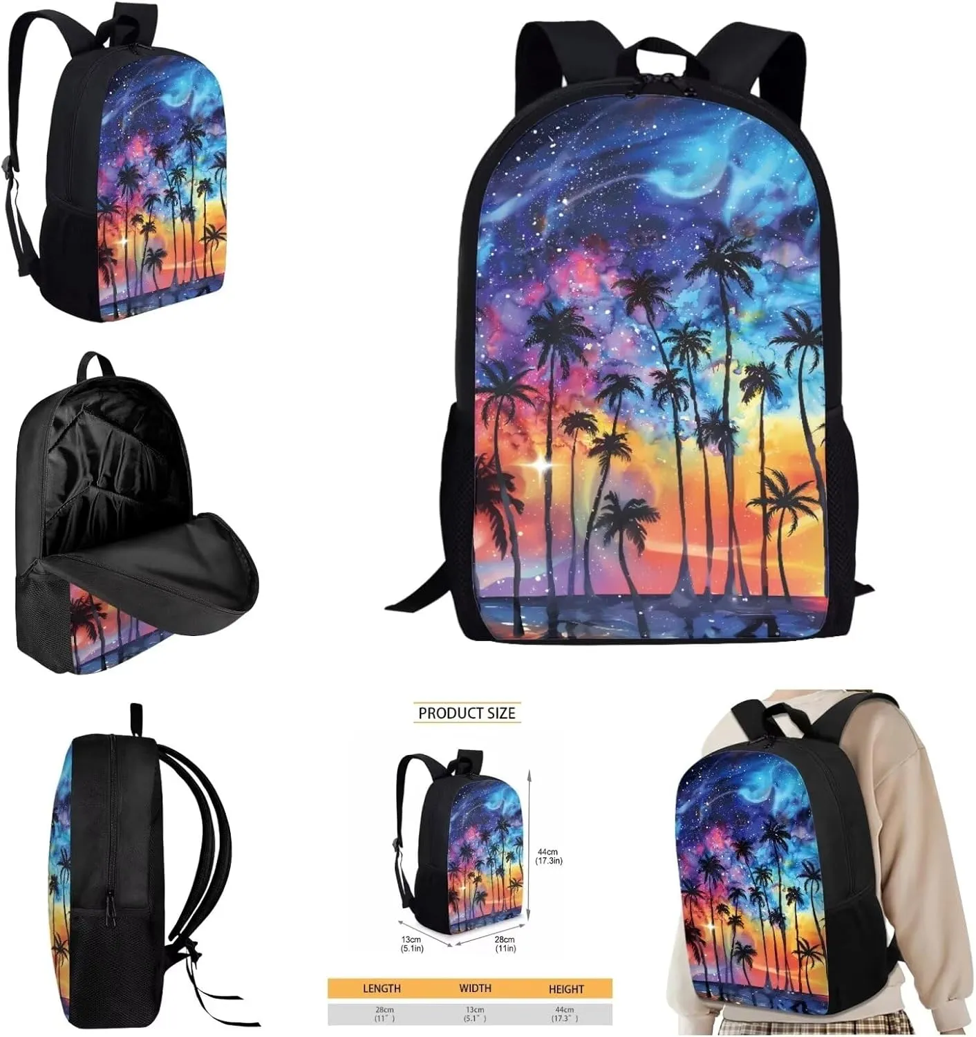 AmzPrint 4pcs Galaxy Backpack Set For Girls Boys Coconut Tree Print Bookbag And Lunch Box Pencil Bag Water Bottle Carrier