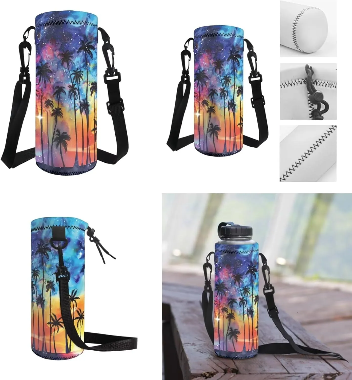 AmzPrint 4pcs Galaxy Backpack Set For Girls Boys Coconut Tree Print Bookbag And Lunch Box Pencil Bag Water Bottle Carrier