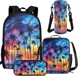 AmzPrint 4pcs Galaxy Backpack Set For Girls Boys Coconut Tree Print Bookbag And Lunch Box Pencil Bag Water Bottle Carrier