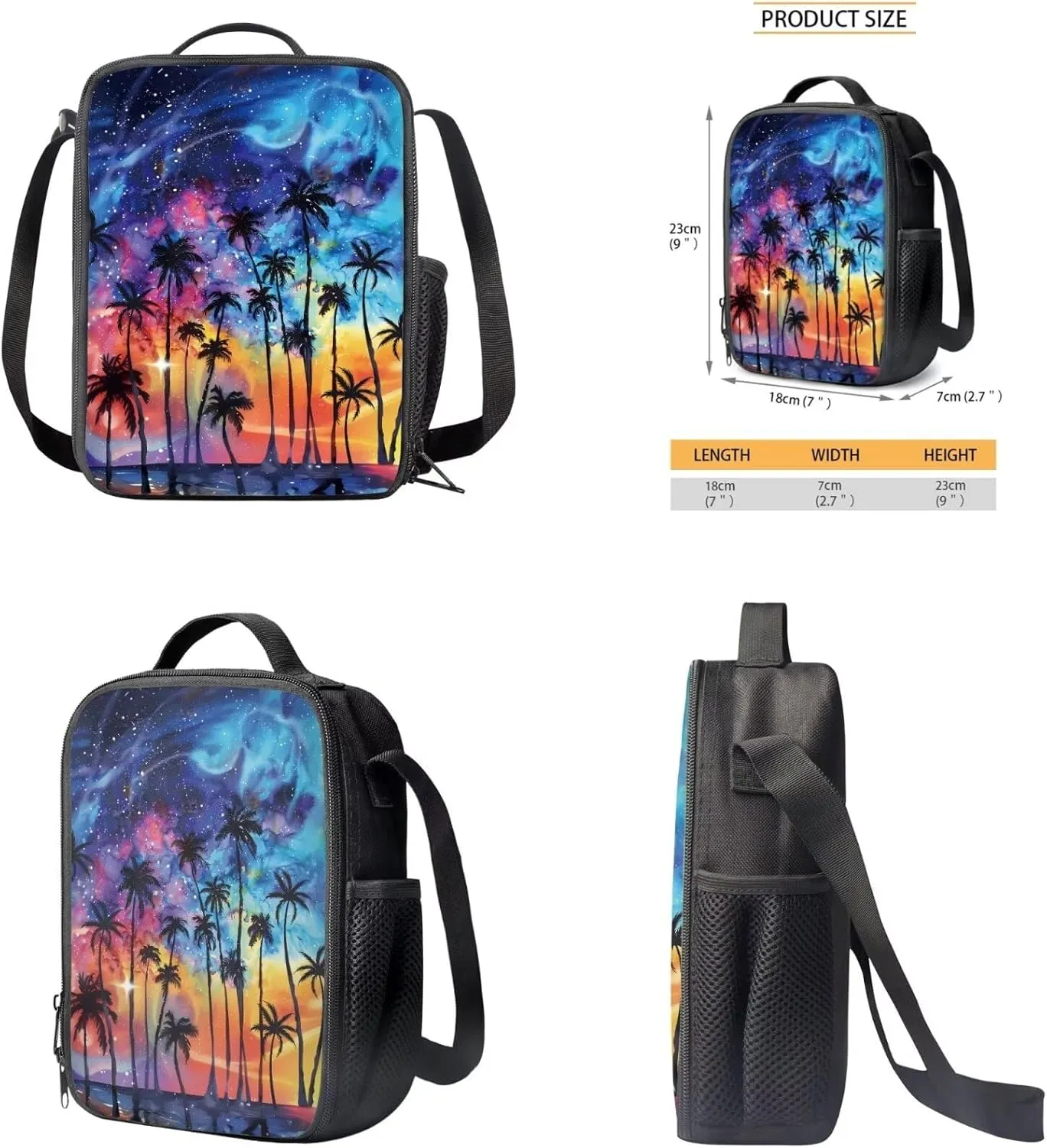 AmzPrint 4pcs Galaxy Backpack Set For Girls Boys Coconut Tree Print Bookbag And Lunch Box Pencil Bag Water Bottle Carrier