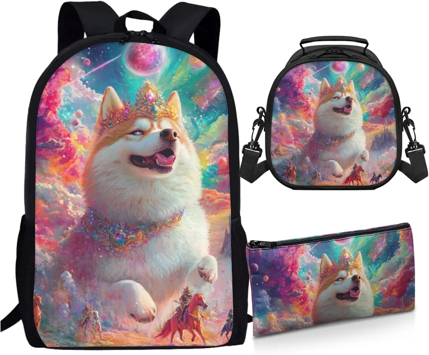 AmzPrint Akita Dog School Backpacks And Lunch Kit For Boys Middle School 3 Pcs Backpack Set Back To School Bag Gifts