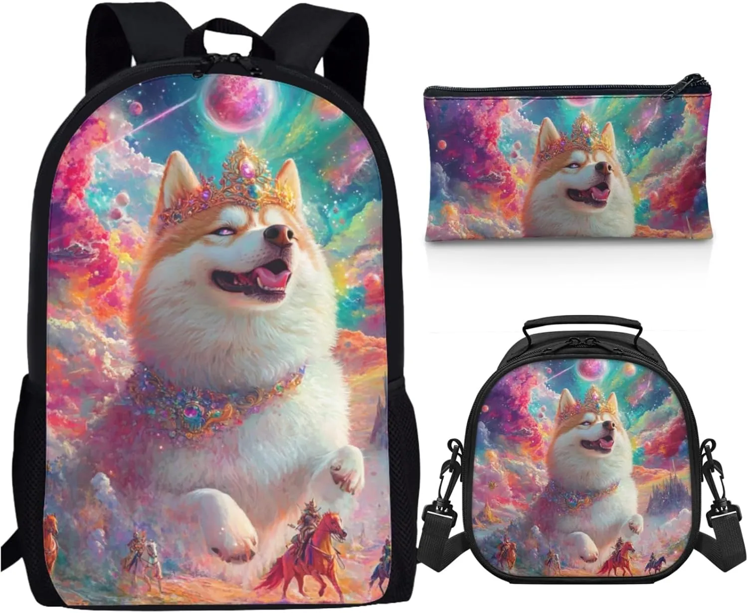 AmzPrint Akita Dog School Backpacks And Lunch Kit For Boys Middle School 3 Pcs Backpack Set Back To School Bag Gifts