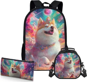 AmzPrint Akita Dog School Backpacks And Lunch Kit For Boys Middle School 3 Pcs Backpack Set Back To School Bag Gifts