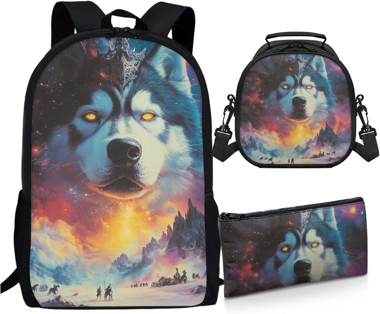 AmzPrint Alaskan Malamute Dog School Backpack And Lunch Box For Girls Preschool 3-Piece Backpack Set Back To School Bag Gifts