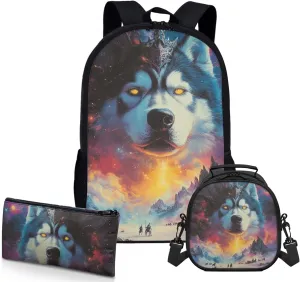 AmzPrint Alaskan Malamute Dog School Backpack And Lunch Box For Girls Preschool 3-Piece Backpack Set Back To School Bag Gifts
