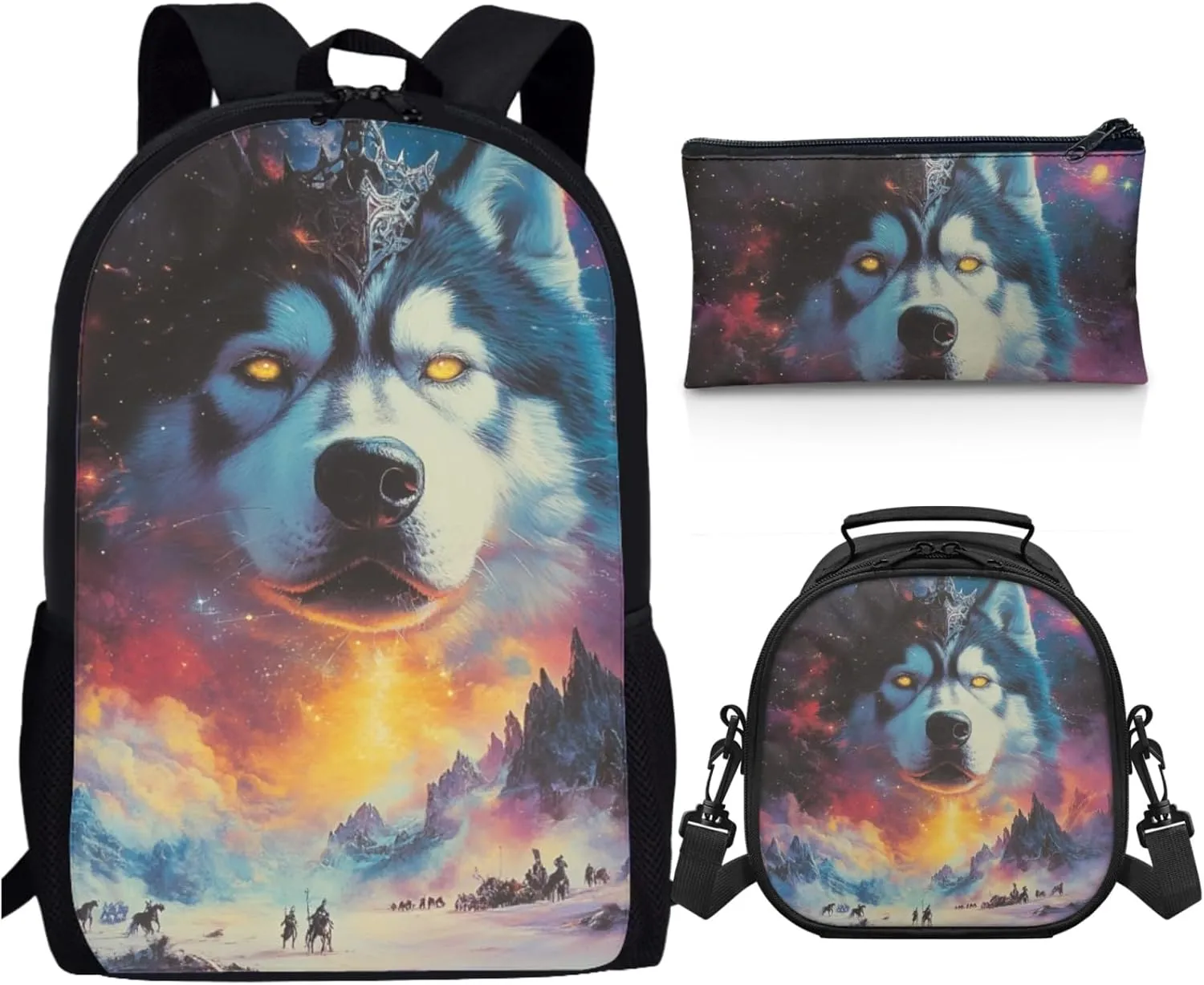 AmzPrint Alaskan Malamute Dog School Backpack And Lunch Box For Girls Preschool 3-Piece Backpack Set Back To School Bag Gifts