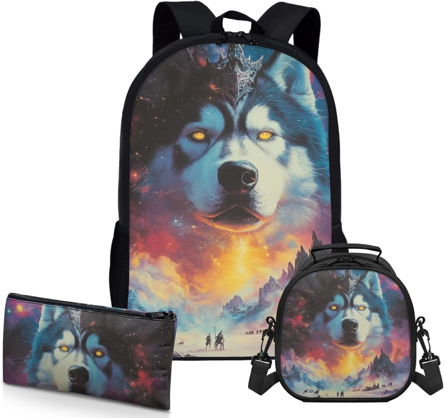 AmzPrint Alaskan Malamute Dog School Backpack And Lunch Box For Girls Preschool 3-Piece Backpack Set Back To School Bag Gifts