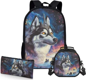 AmzPrint Alaskan Malamute Dog School Backpacks With Lunch Box For Girls Junior High School 3Pc Backpack Set