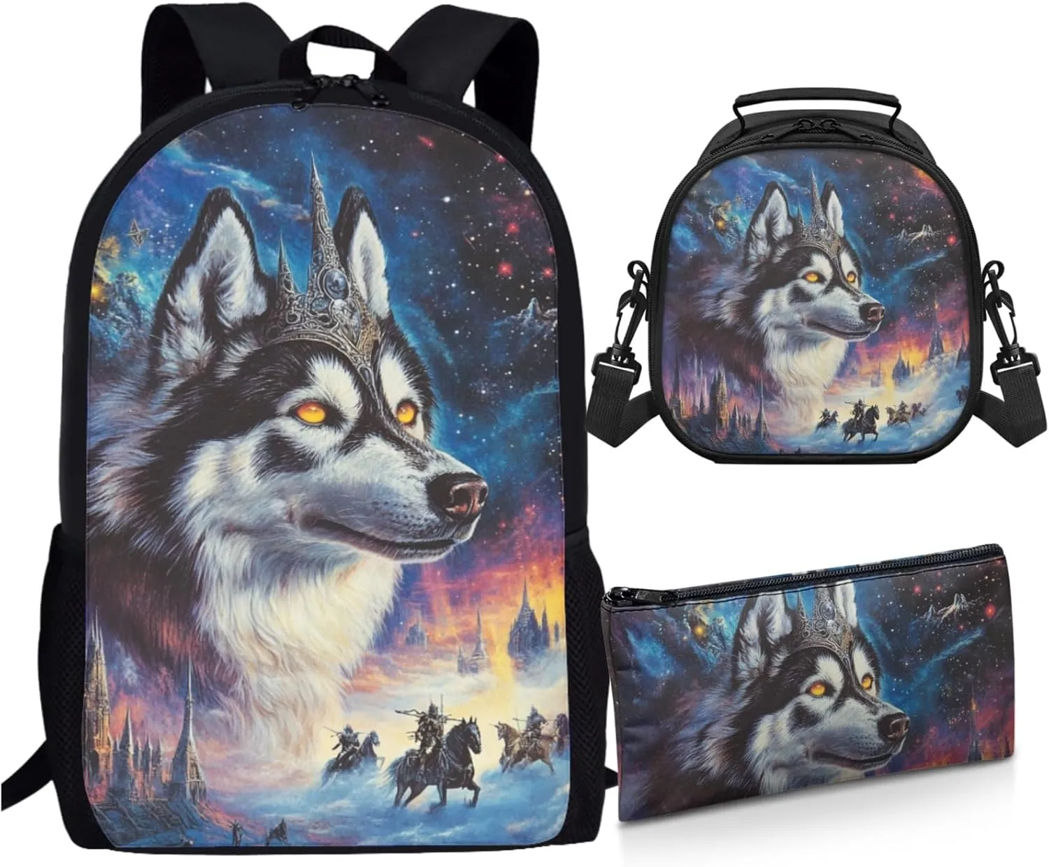 AmzPrint Alaskan Malamute Dog School Backpacks With Lunch Box For Girls Junior High School 3Pc Backpack Set