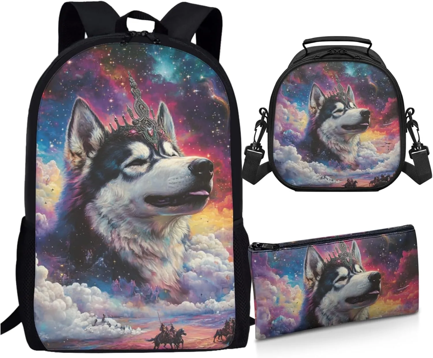 AmzPrint Alaskan Malamute Dog School Bag With Lunchbox Combo For Boys Primary School 3 In 1 Backpack Set