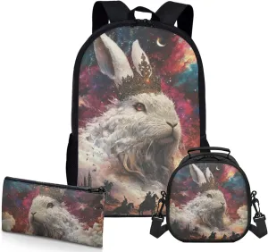 AmzPrint Angora Rabbit School Backpack With Lunchbox For Students Girls Boys Middle School 3-In-1 Backpack Set