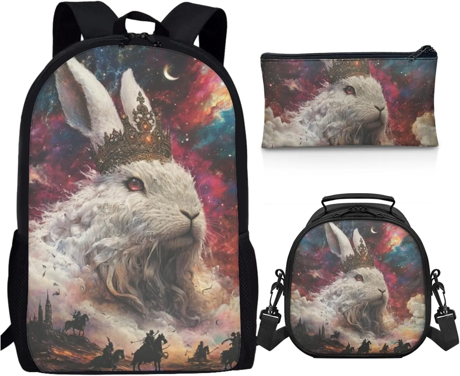 AmzPrint Angora Rabbit School Backpack With Lunchbox For Students Girls Boys Middle School 3-In-1 Backpack Set