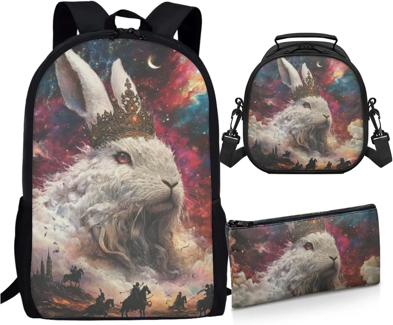 AmzPrint Angora Rabbit School Backpack With Lunchbox For Students Girls Boys Middle School 3-In-1 Backpack Set