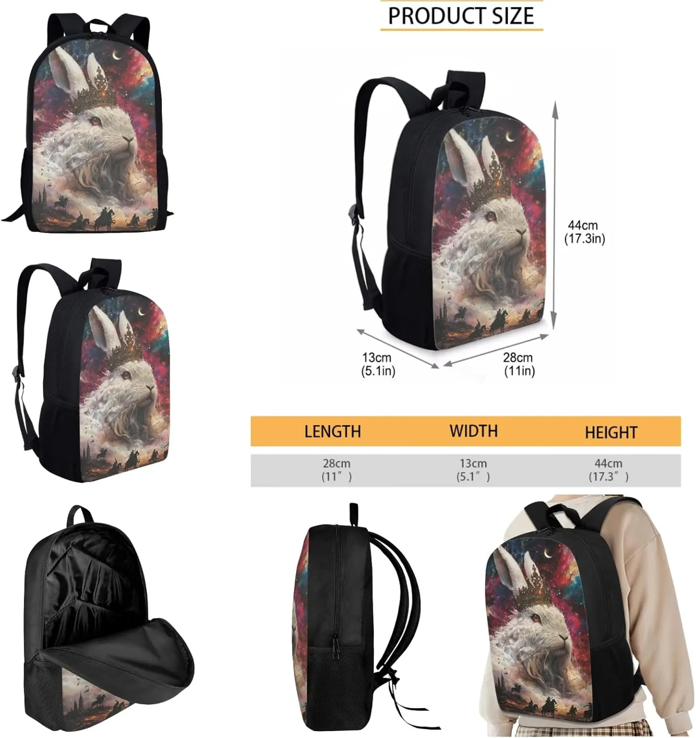 AmzPrint Angora Rabbit School Backpack With Lunchbox For Students Girls Boys Middle School 3-In-1 Backpack Set