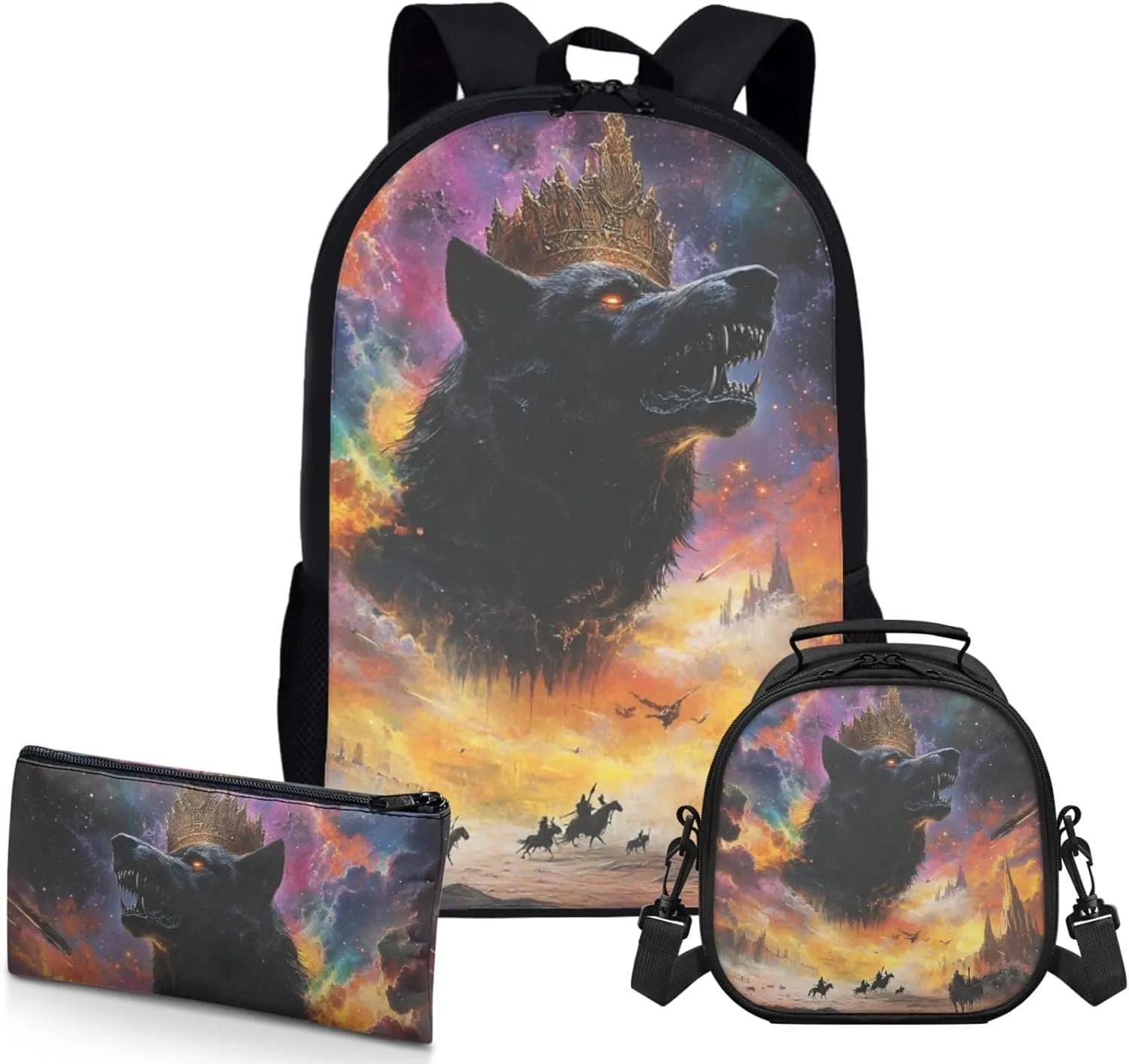 AmzPrint Arabian Wolf School Backpacks With Lunch Bag Sets For Girls Middle School 3 Pcs Backpack Set