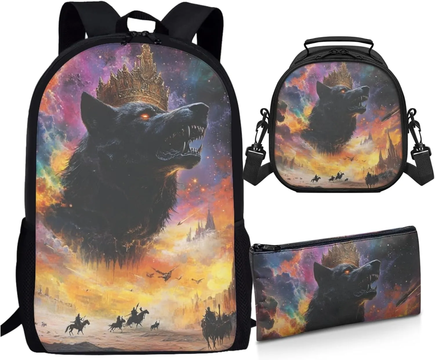 AmzPrint Arabian Wolf School Backpacks With Lunch Bag Sets For Girls Middle School 3 Pcs Backpack Set