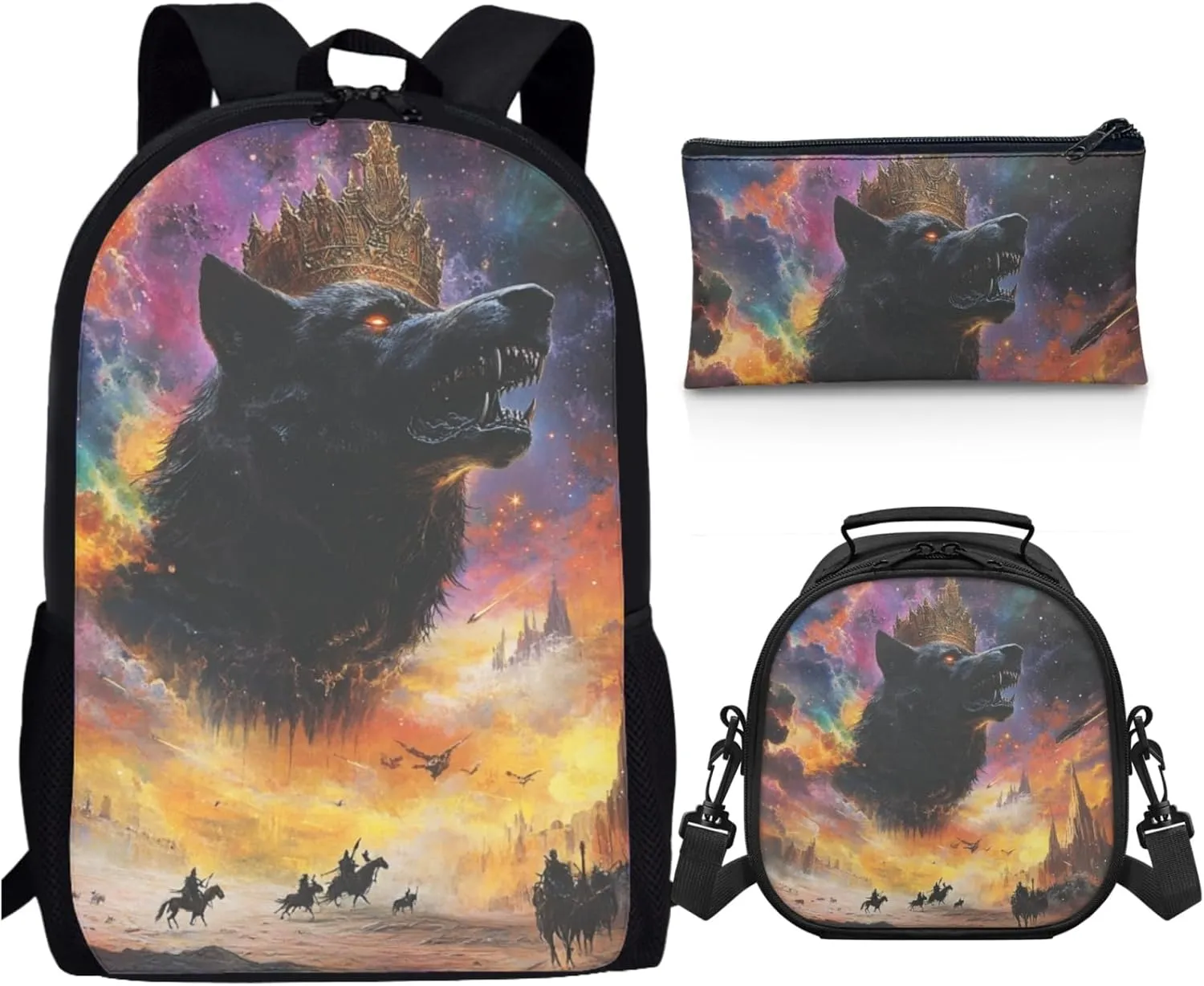 AmzPrint Arabian Wolf School Backpacks With Lunch Bag Sets For Girls Middle School 3 Pcs Backpack Set