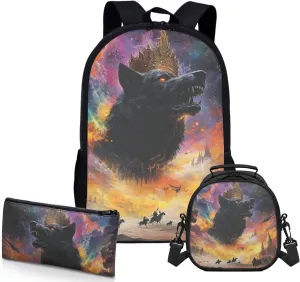 AmzPrint Arabian Wolf School Backpacks With Lunch Bag Sets For Girls Middle School 3 Pcs Backpack Set