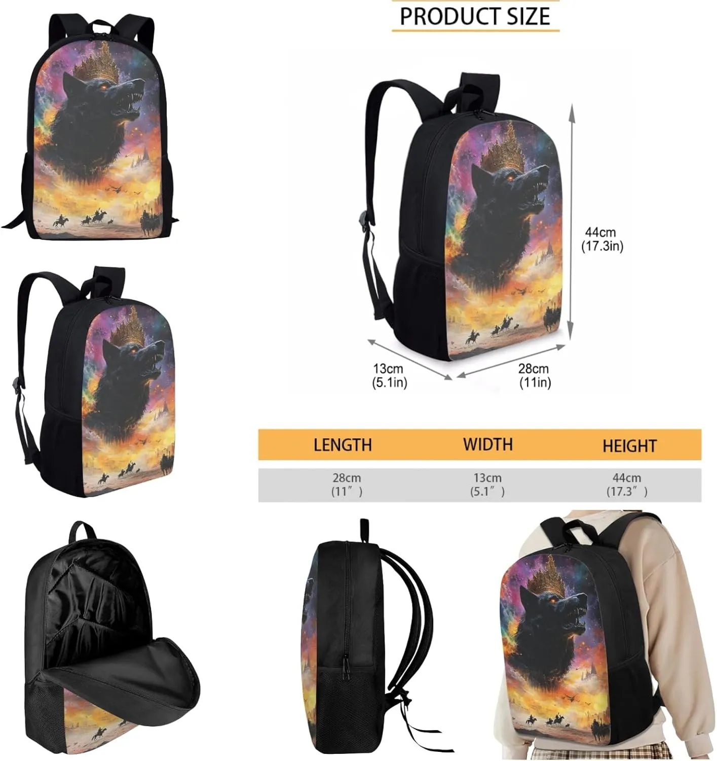 AmzPrint Arabian Wolf School Backpacks With Lunch Bag Sets For Girls Middle School 3 Pcs Backpack Set