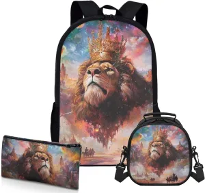 AmzPrint Barbary Lion School Backpack With Lunch Boxes Combo For Girls Primary School 3Pc Backpack Set