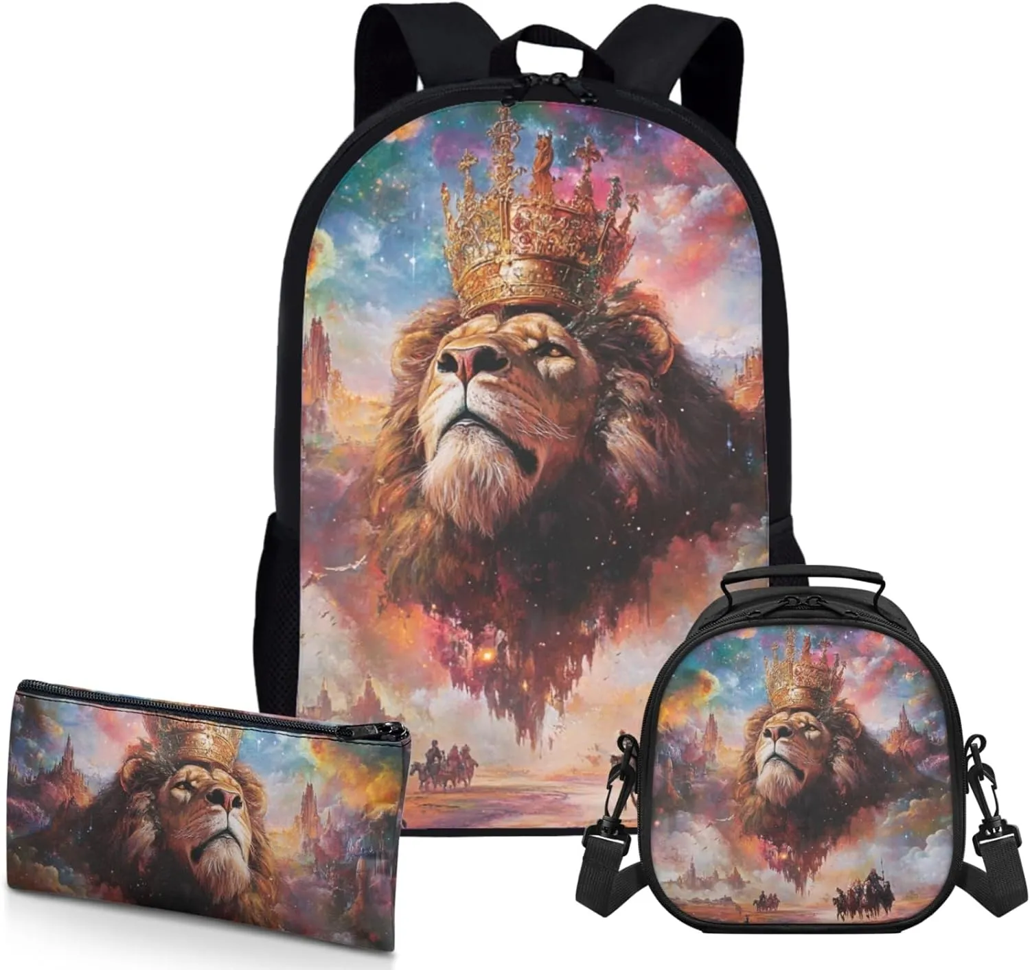 AmzPrint Barbary Lion School Backpack With Lunch Boxes Combo For Girls Primary School 3Pc Backpack Set
