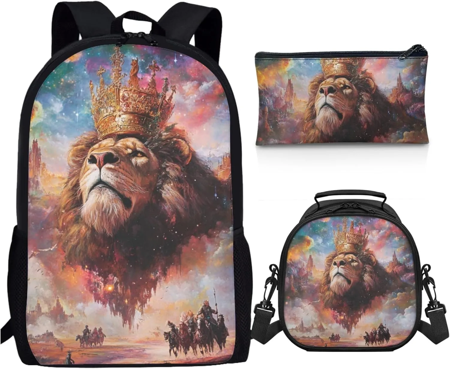 AmzPrint Barbary Lion School Backpack With Lunch Boxes Combo For Girls Primary School 3Pc Backpack Set