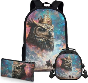 AmzPrint Barred Owl School Backpack And Lunch Kit For Students Girls Boys Middle School 3-In-1 Backpack Set