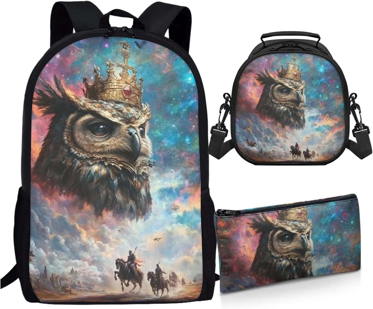 AmzPrint Barred Owl School Backpack And Lunch Kit For Students Girls Boys Middle School 3-In-1 Backpack Set