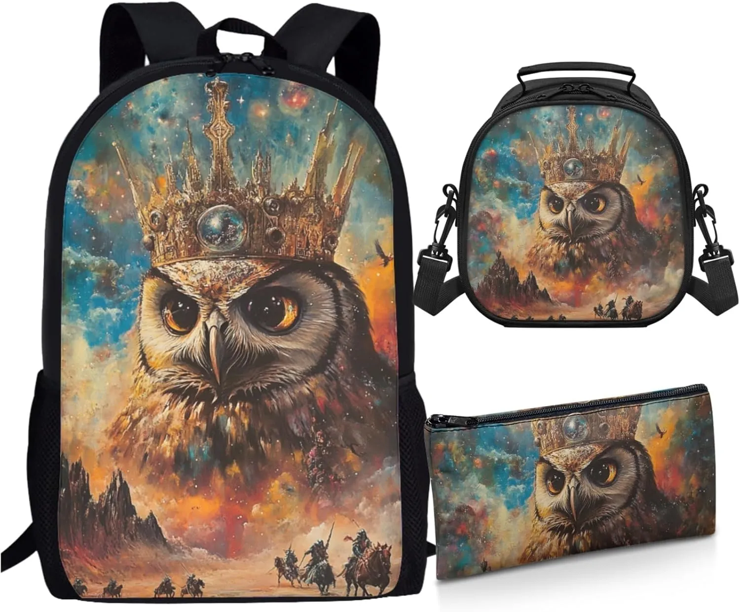 AmzPrint Barred Owl School Backpacks Matching Lunch Bags Sets For Boys Preschool 3 In 1 Backpack Set Back To School Bag Gifts
