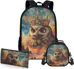 AmzPrint Barred Owl School Backpacks Matching Lunch Bags Sets For Boys Preschool 3 In 1 Backpack Set Back To School Bag Gifts