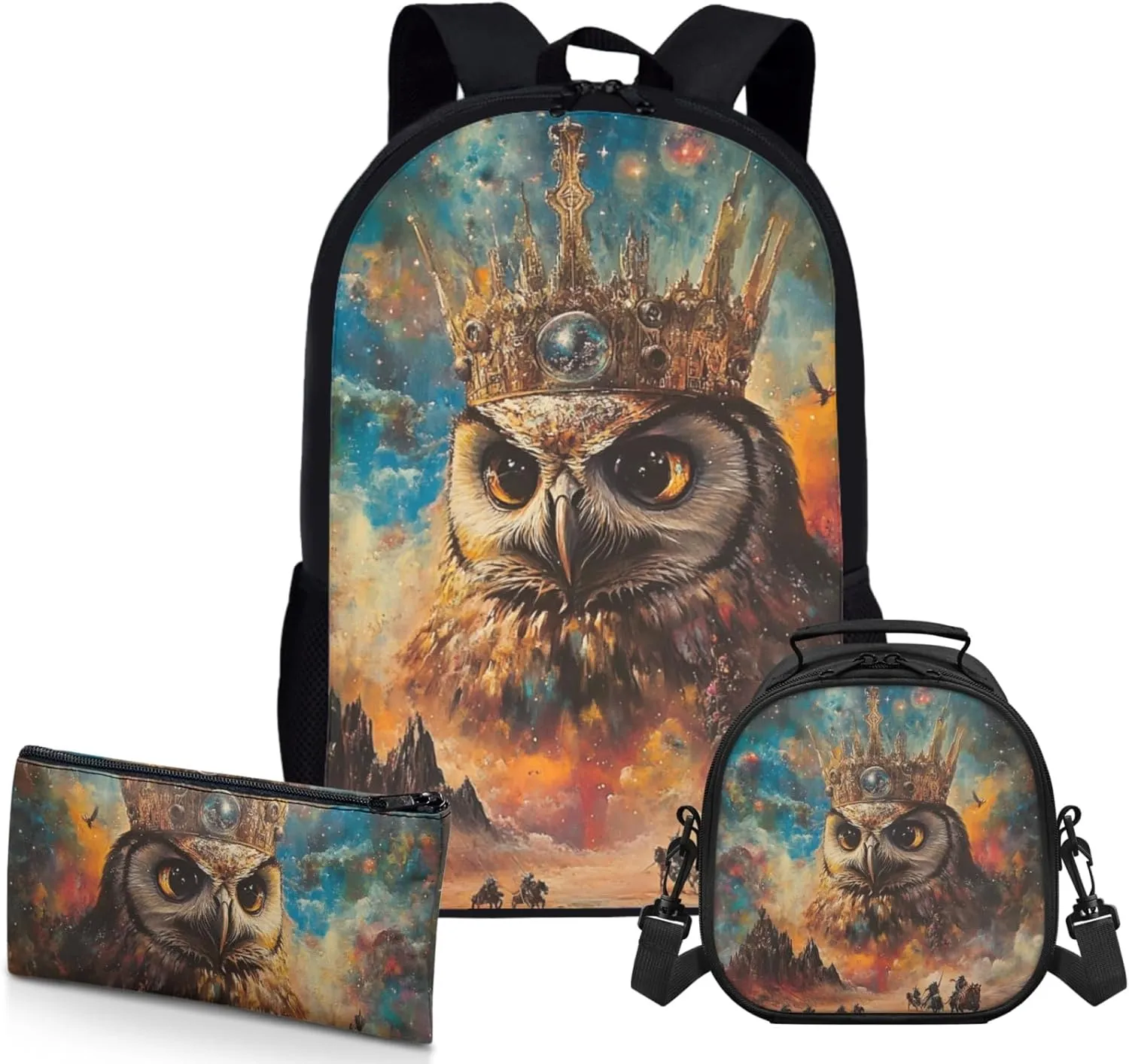 AmzPrint Barred Owl School Backpacks Matching Lunch Bags Sets For Boys Preschool 3 In 1 Backpack Set Back To School Bag Gifts