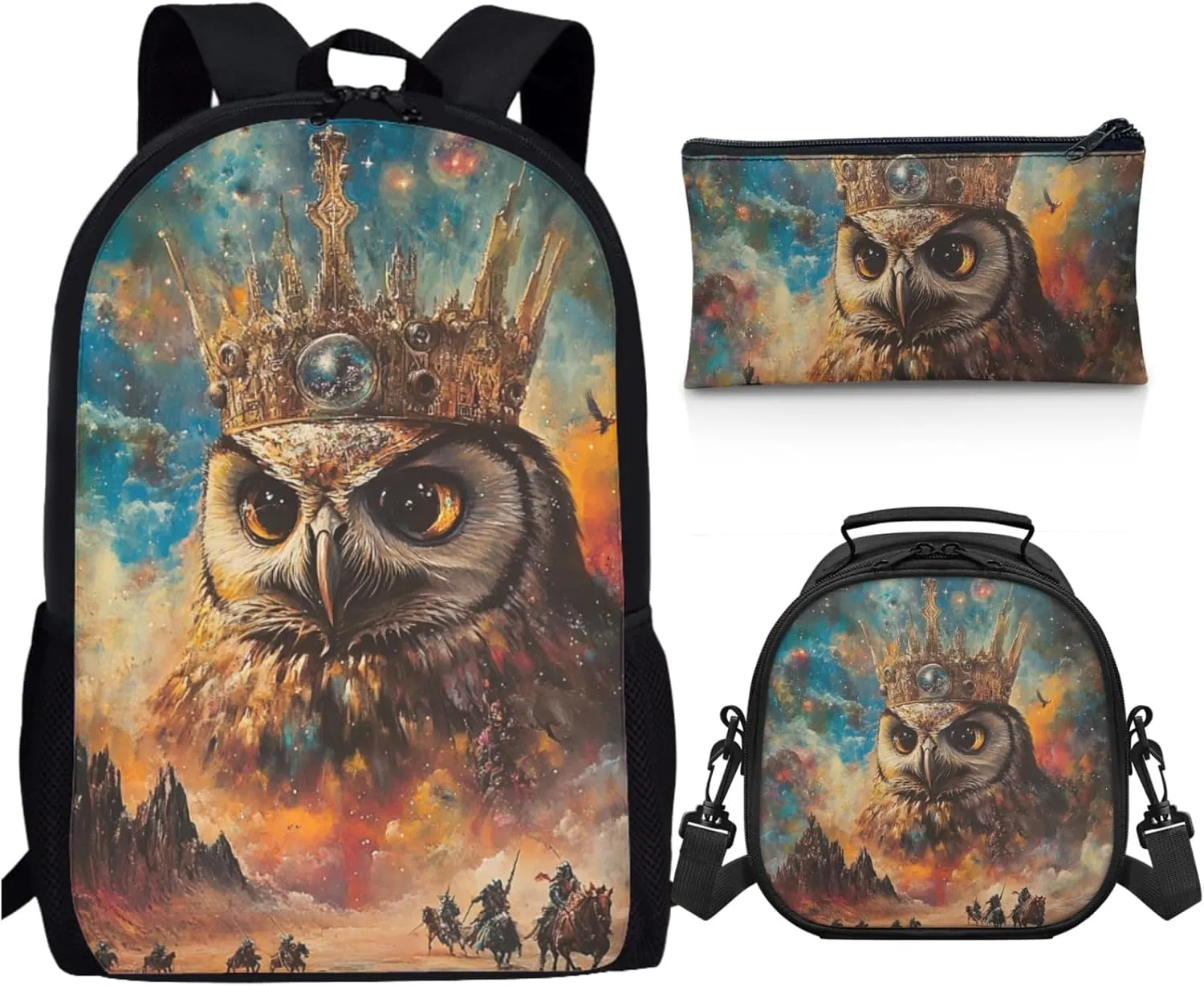 AmzPrint Barred Owl School Backpacks Matching Lunch Bags Sets For Boys Preschool 3 In 1 Backpack Set Back To School Bag Gifts