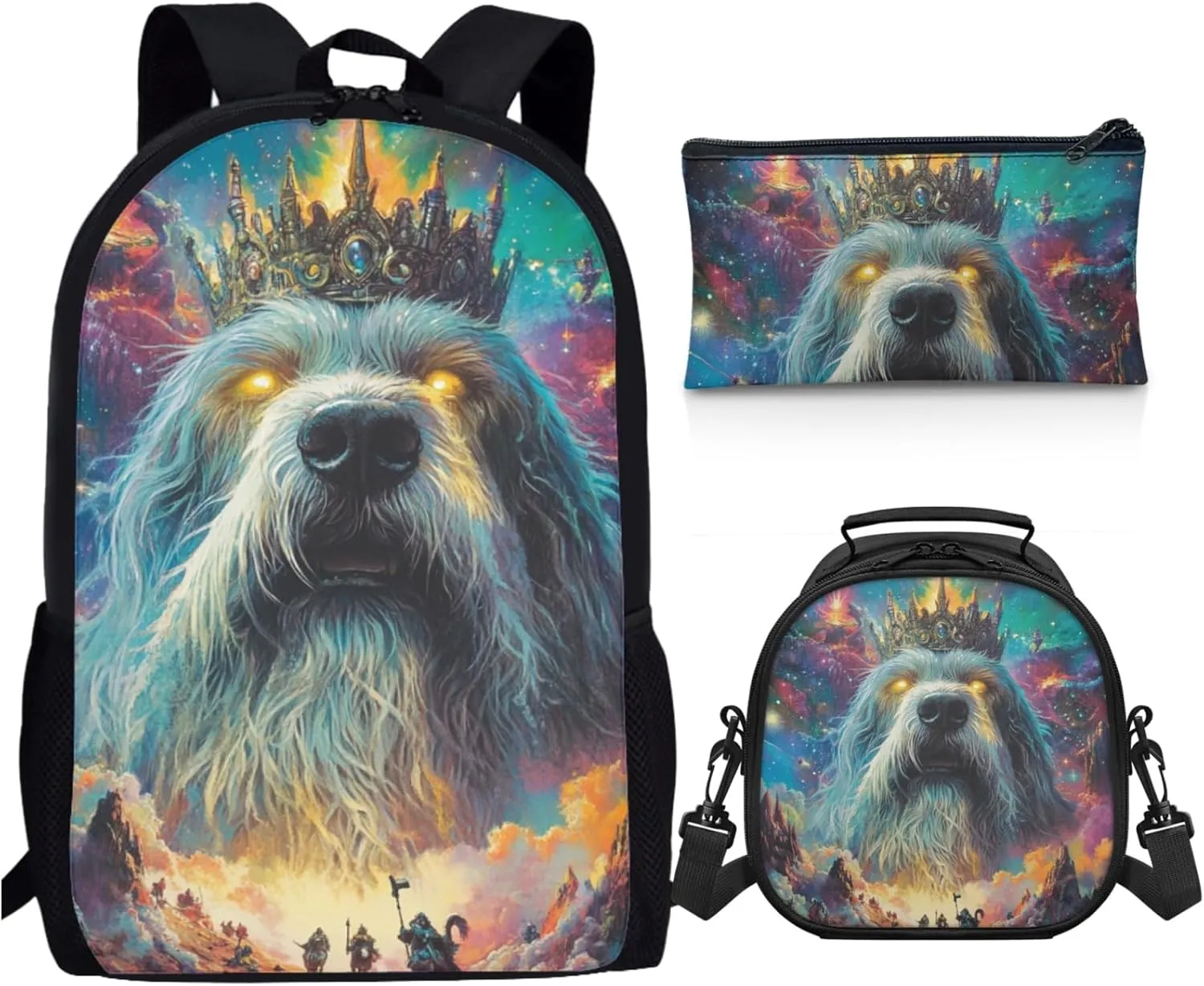 AmzPrint Bearded Collie Dog Bookbag Matching Lunch Bags For Girls Middle School 3 Pcs Backpack Set Back To School Bag Gifts