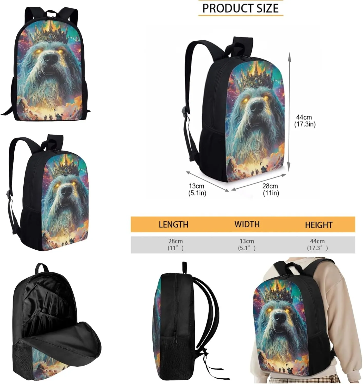 AmzPrint Bearded Collie Dog Bookbag Matching Lunch Bags For Girls Middle School 3 Pcs Backpack Set Back To School Bag Gifts